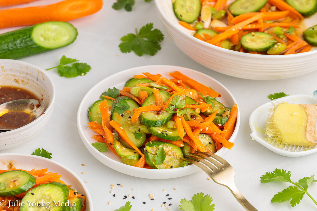 Carrot and Cucumber Salad with Spicy Asian Dressing