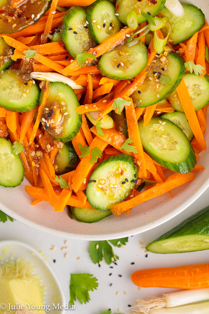 Carrot and Cucumber Salad with Spicy Asian Dressing