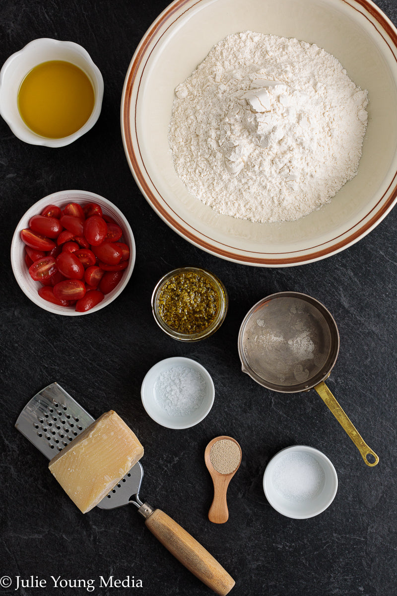 No Knead Focaccia Bread with Pesto and Cherry Tomatoes