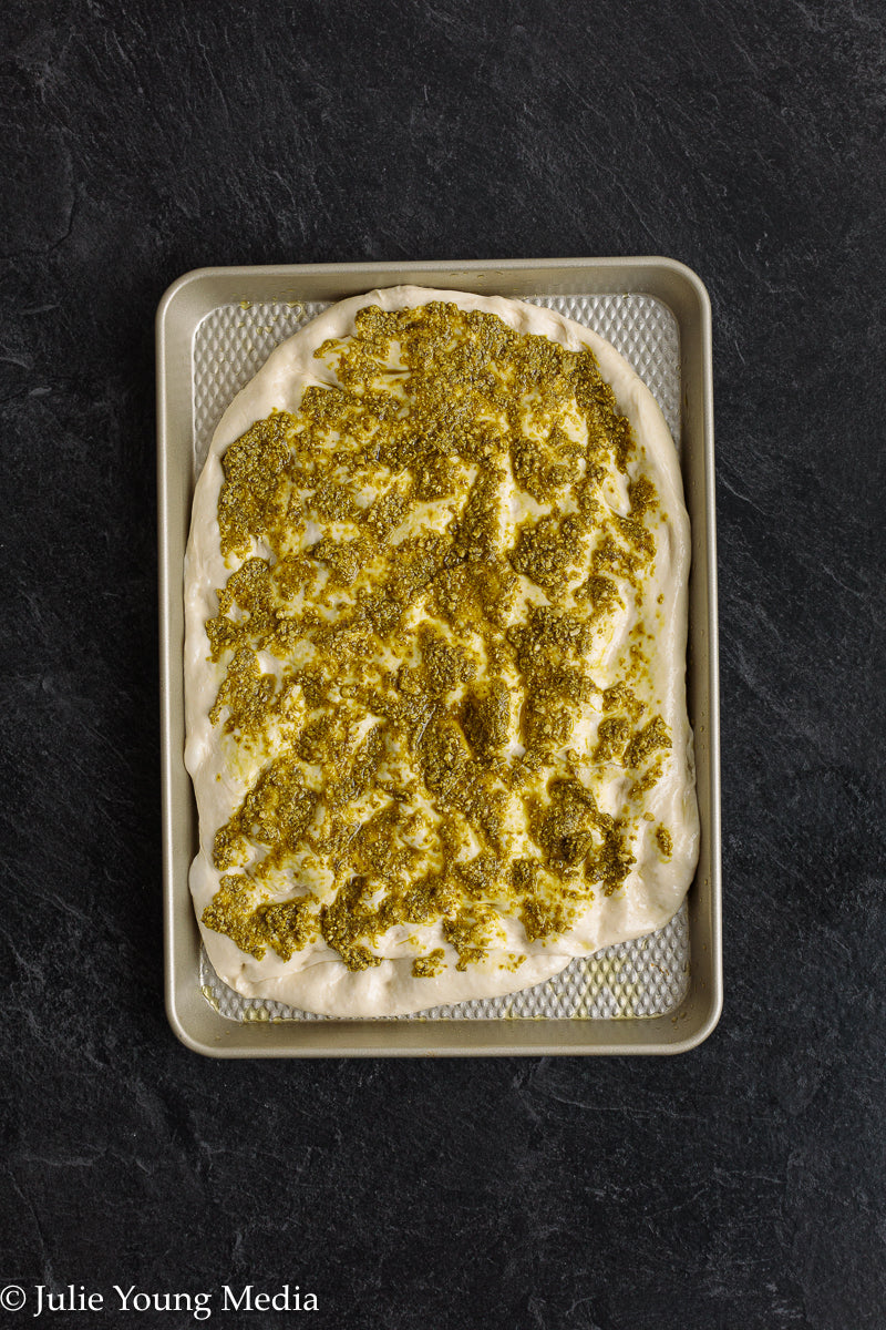 No Knead Focaccia Bread with Pesto and Cherry Tomatoes