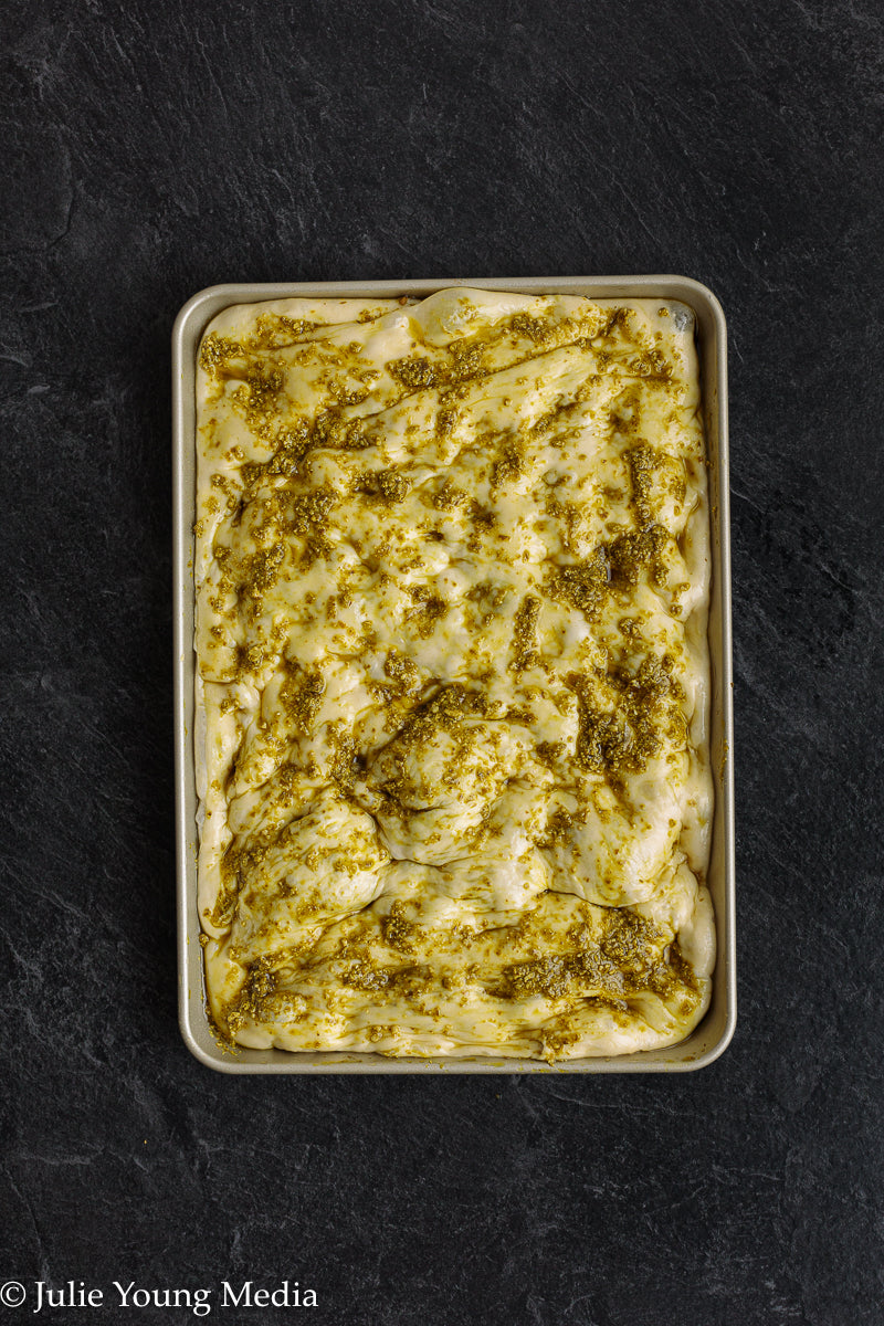 No Knead Focaccia Bread with Pesto and Cherry Tomatoes