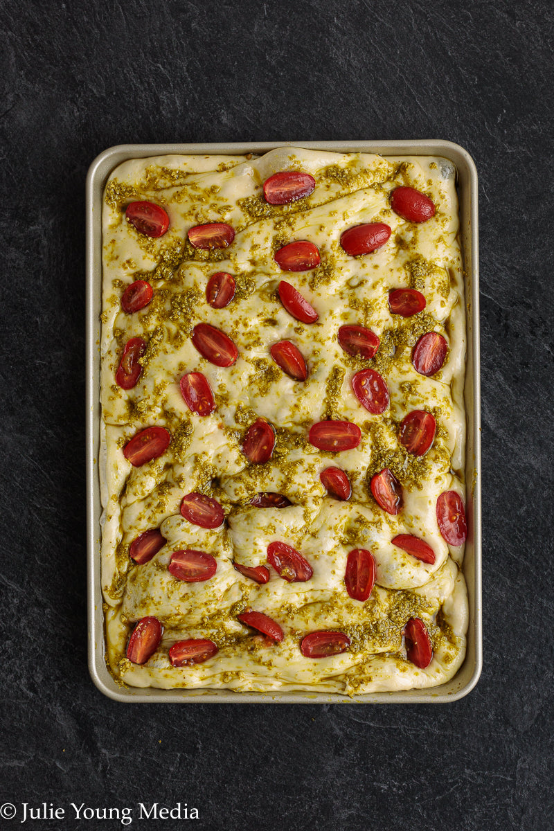 No Knead Focaccia Bread with Pesto and Cherry Tomatoes