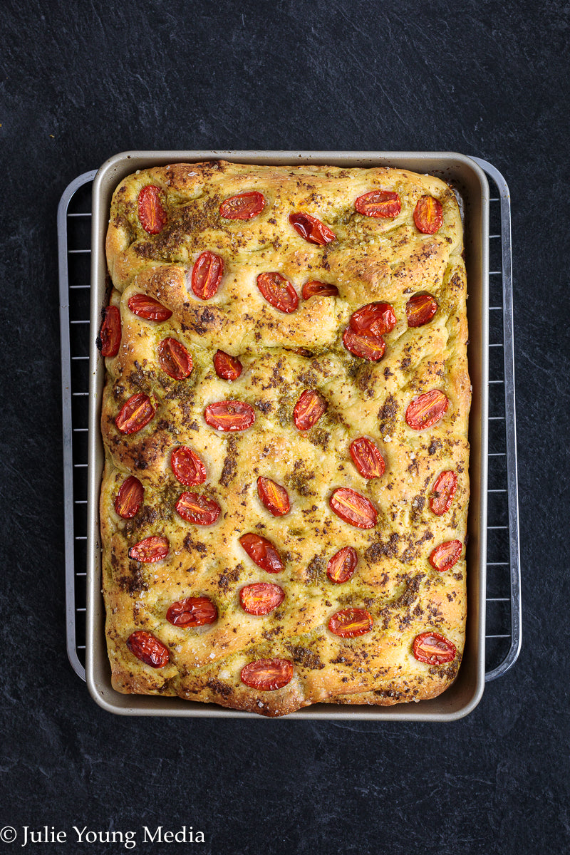 No Knead Focaccia Bread with Pesto and Cherry Tomatoes