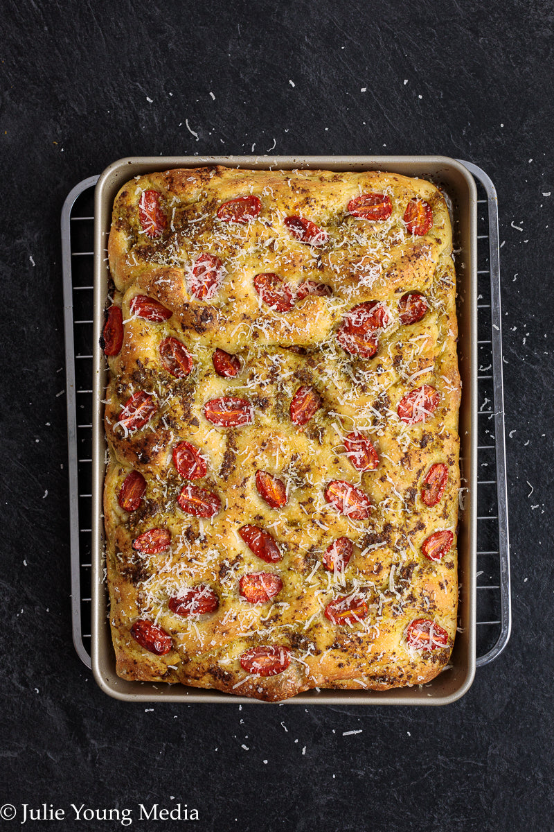 No Knead Focaccia Bread with Pesto and Cherry Tomatoes