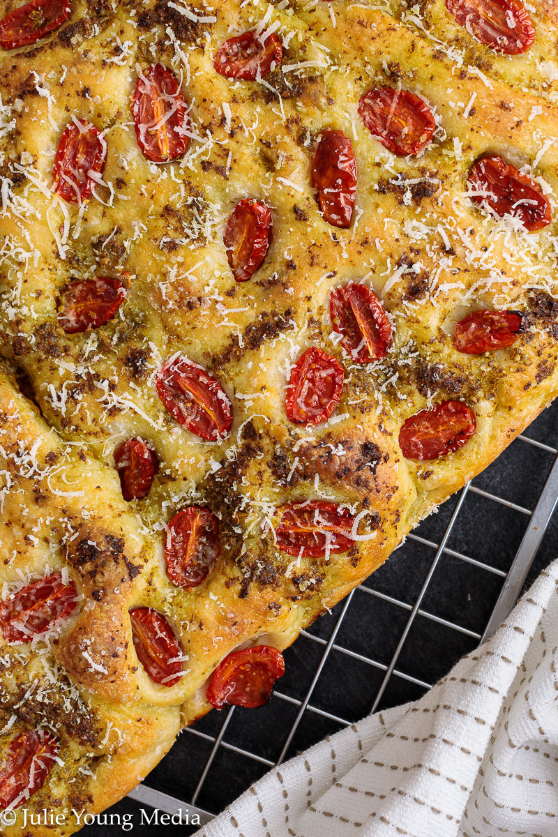 No Knead Focaccia Bread with Pesto and Cherry Tomatoes