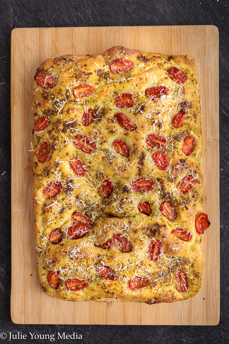 No Knead Focaccia Bread with Pesto and Cherry Tomatoes