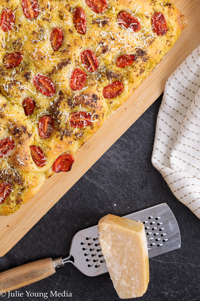 No Knead Focaccia Bread with Pesto and Cherry Tomatoes