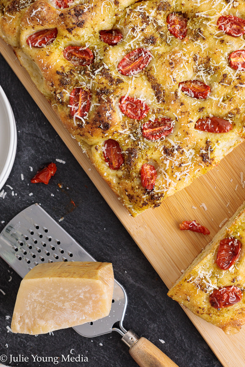 No Knead Focaccia Bread with Pesto and Cherry Tomatoes