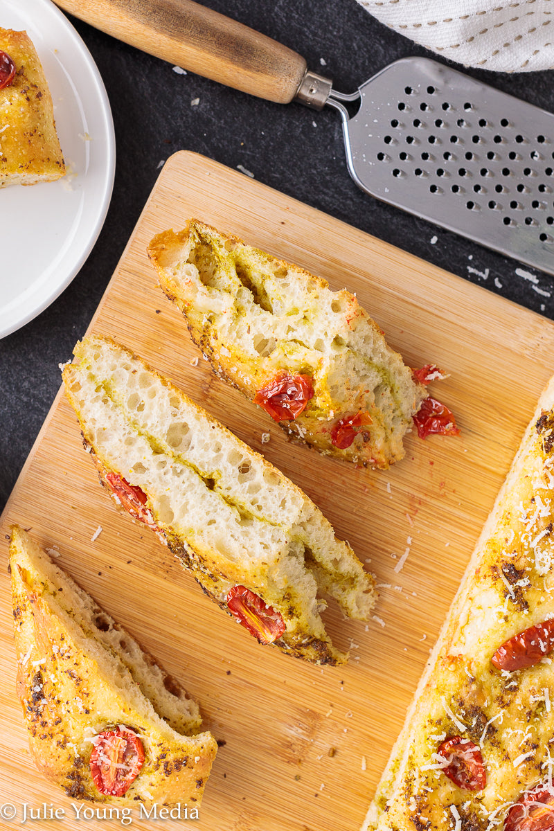 No Knead Focaccia Bread with Pesto and Cherry Tomatoes