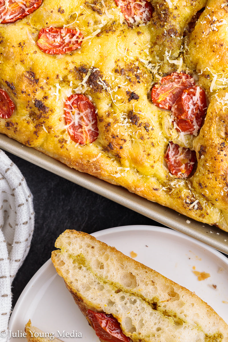 No Knead Focaccia Bread with Pesto and Cherry Tomatoes