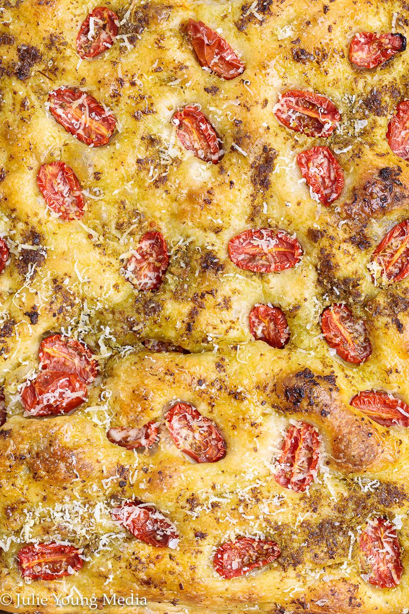 No Knead Focaccia Bread with Pesto and Cherry Tomatoes