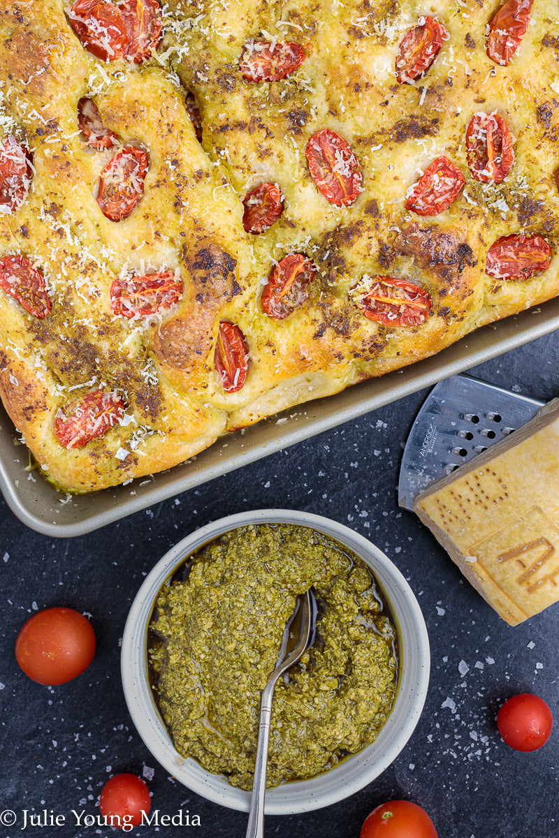 No Knead Focaccia Bread with Pesto and Cherry Tomatoes