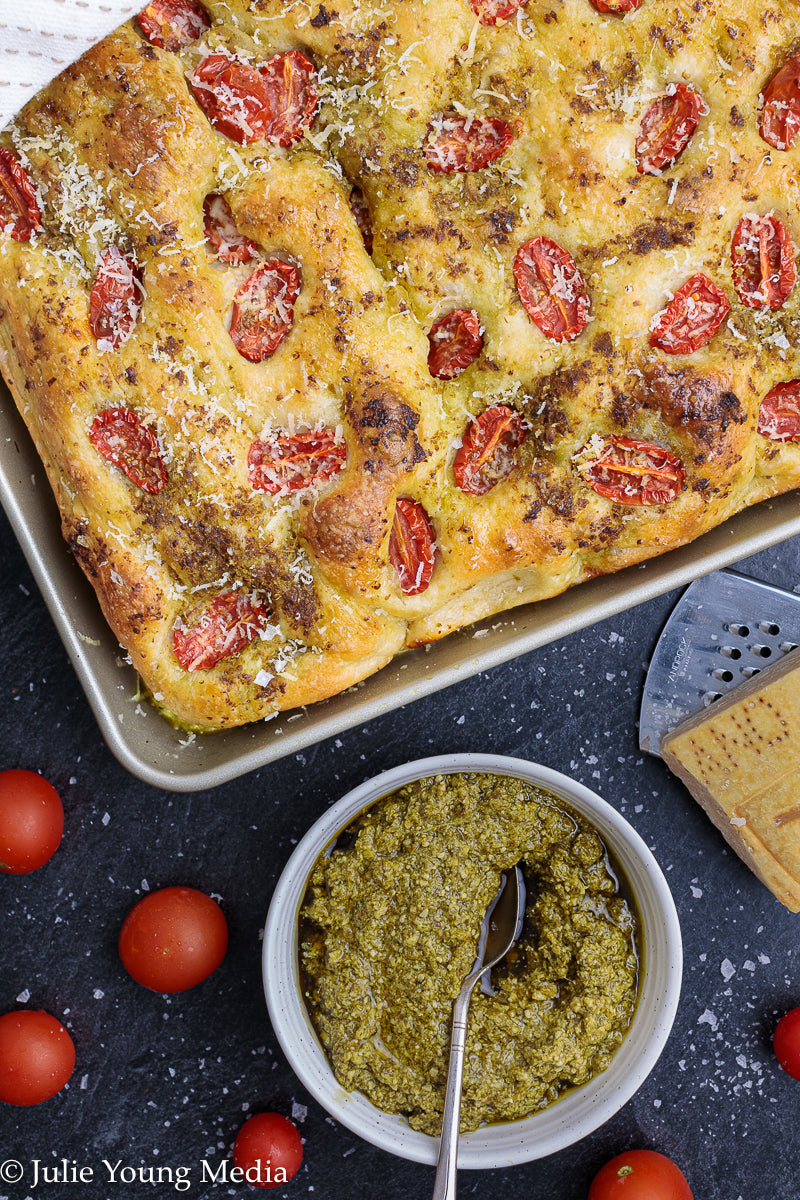 No Knead Focaccia Bread with Pesto and Cherry Tomatoes