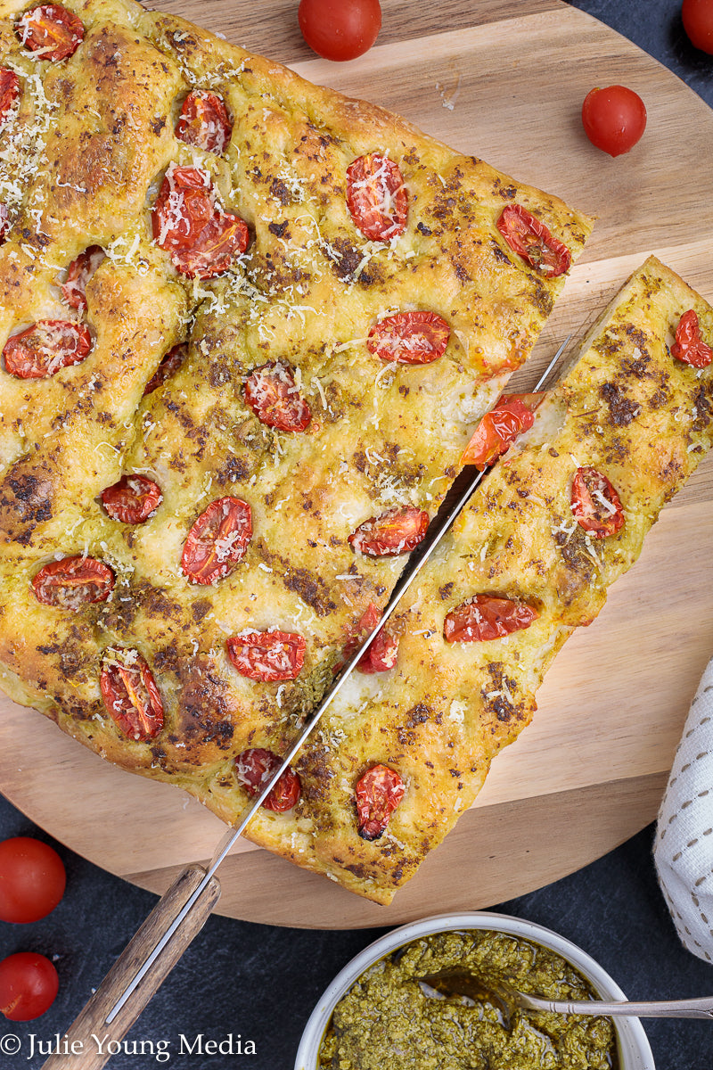 No Knead Focaccia Bread with Pesto and Cherry Tomatoes