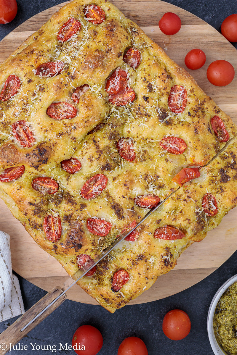 No Knead Focaccia Bread with Pesto and Cherry Tomatoes