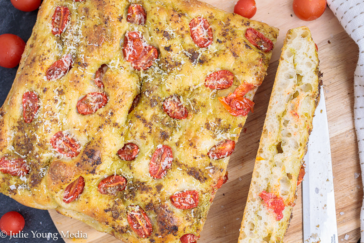 No Knead Focaccia Bread with Pesto and Cherry Tomatoes