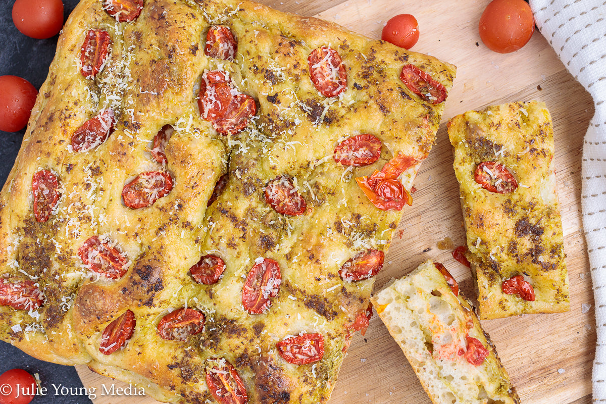 No Knead Focaccia Bread with Pesto and Cherry Tomatoes