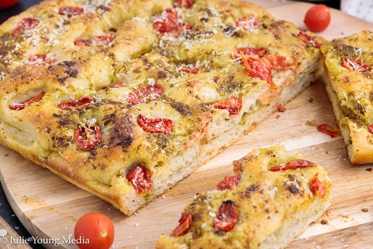 No Knead Focaccia Bread with Pesto and Cherry Tomatoes