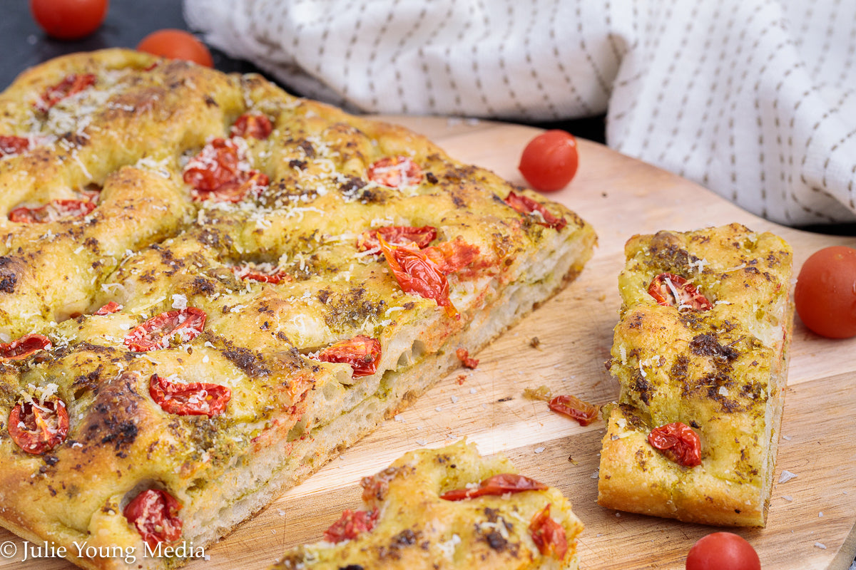 No Knead Focaccia Bread with Pesto and Cherry Tomatoes