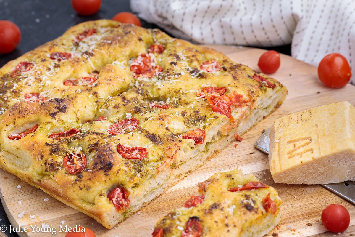 No Knead Focaccia Bread with Pesto and Cherry Tomatoes