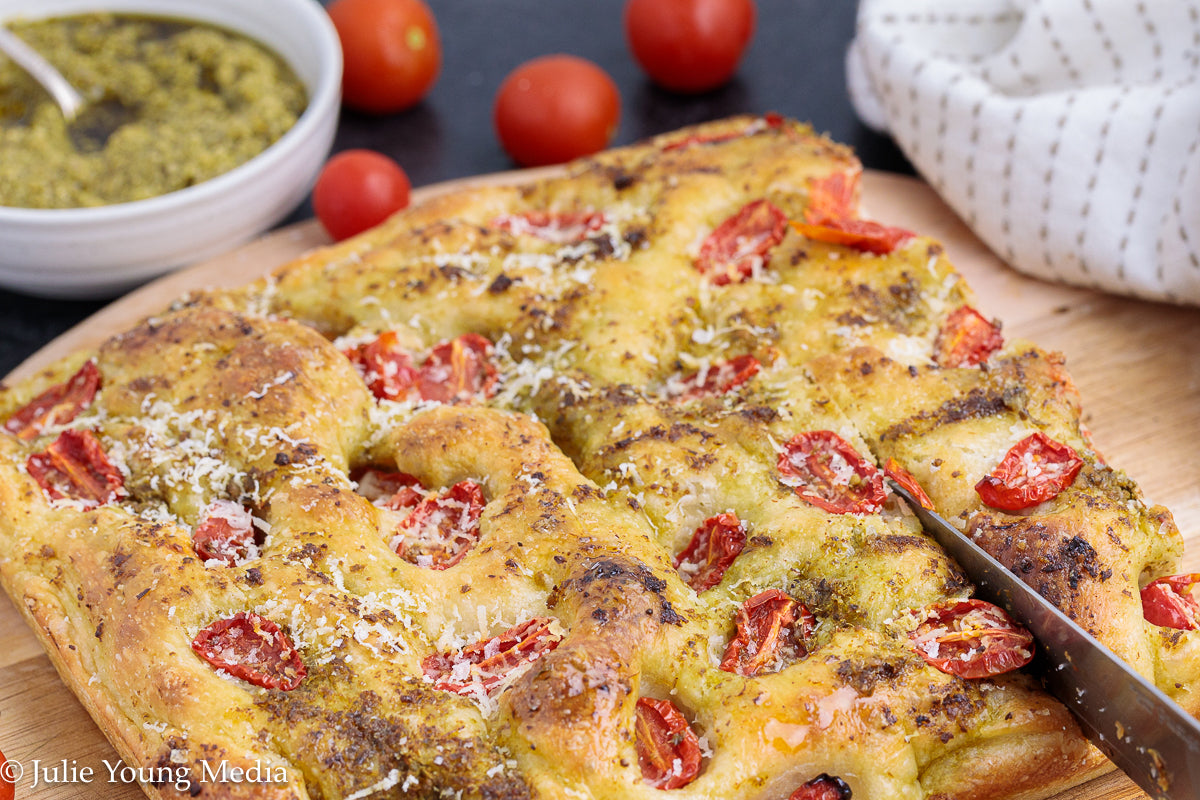 No Knead Focaccia Bread with Pesto and Cherry Tomatoes