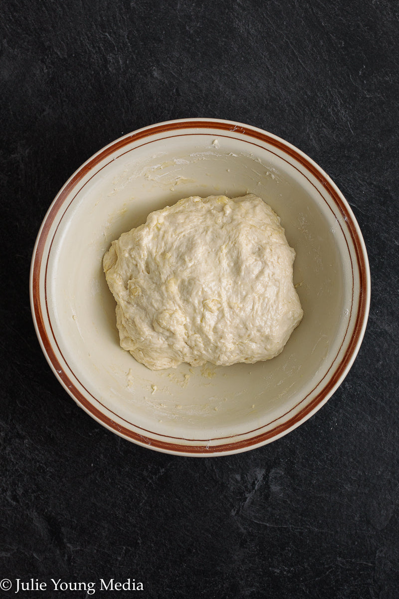 No Knead Focaccia Bread with Pesto and Cherry Tomatoes