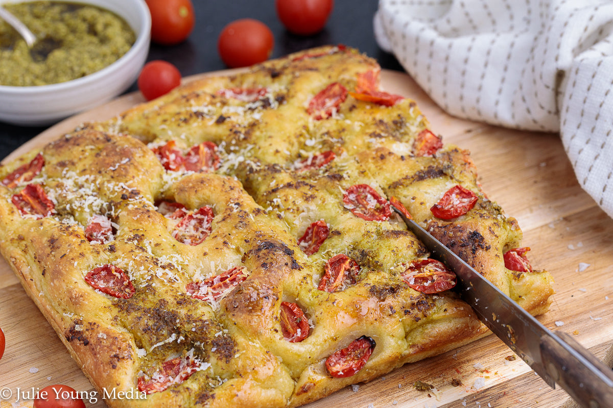 No Knead Focaccia Bread with Pesto and Cherry Tomatoes