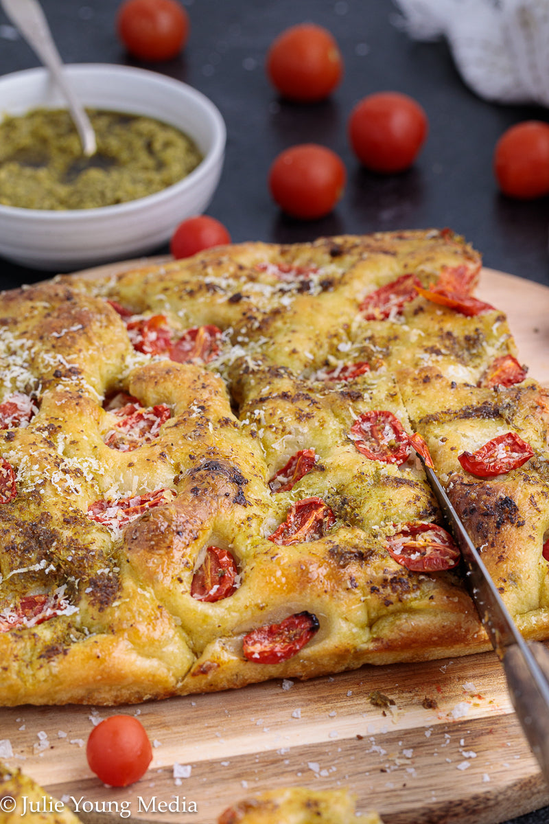 No Knead Focaccia Bread with Pesto and Cherry Tomatoes