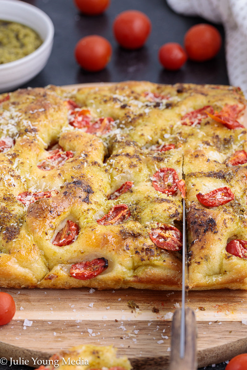 No Knead Focaccia Bread with Pesto and Cherry Tomatoes