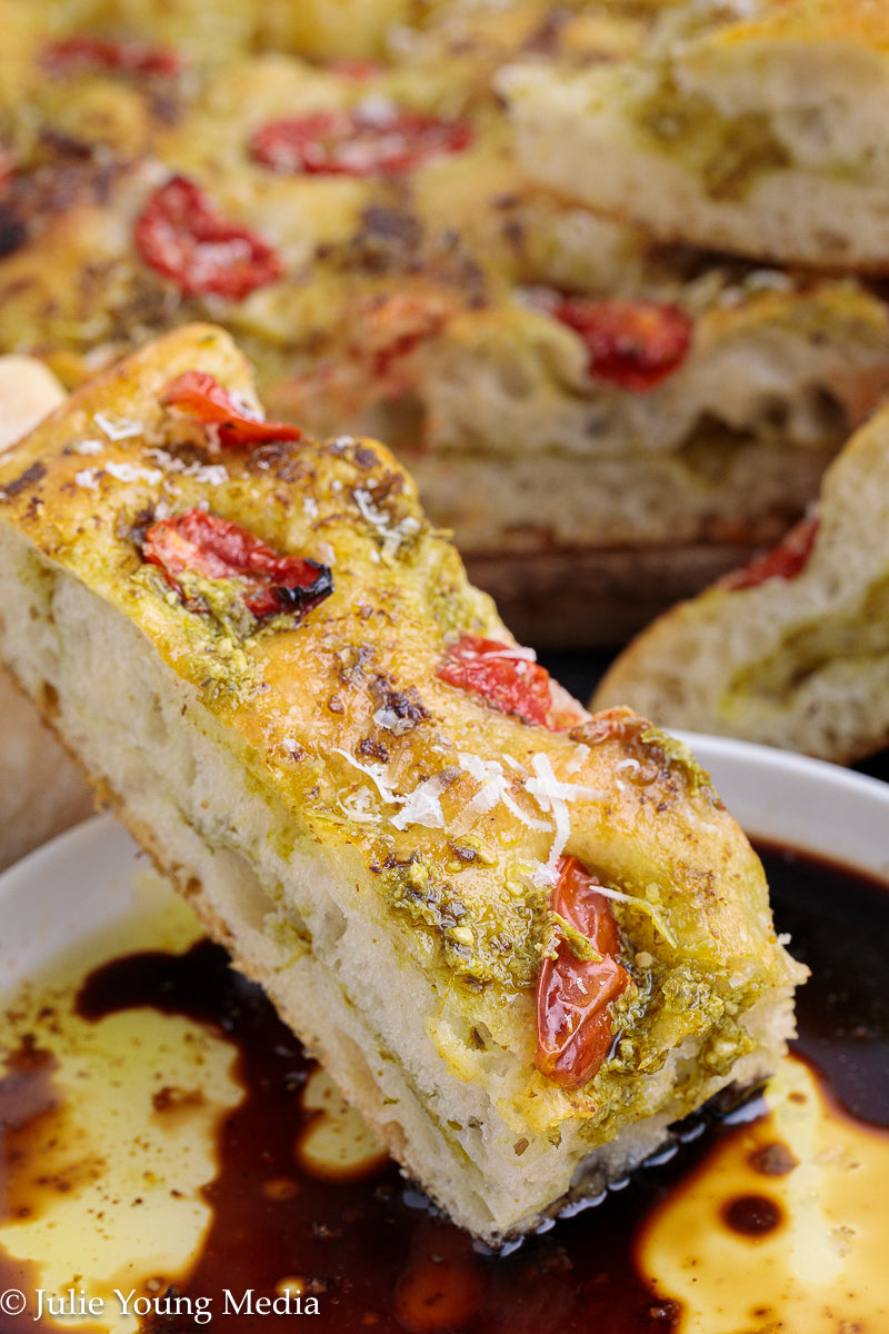 No Knead Focaccia Bread with Pesto and Cherry Tomatoes