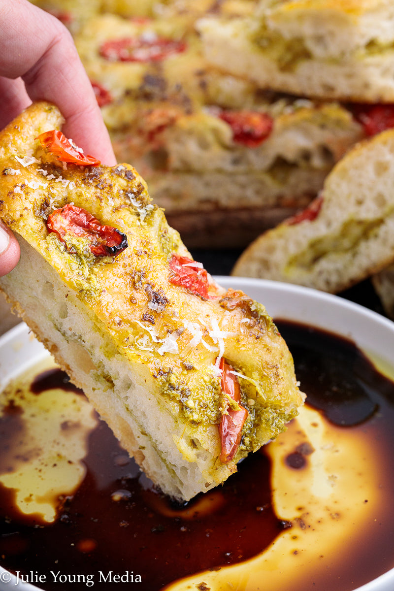 No Knead Focaccia Bread with Pesto and Cherry Tomatoes