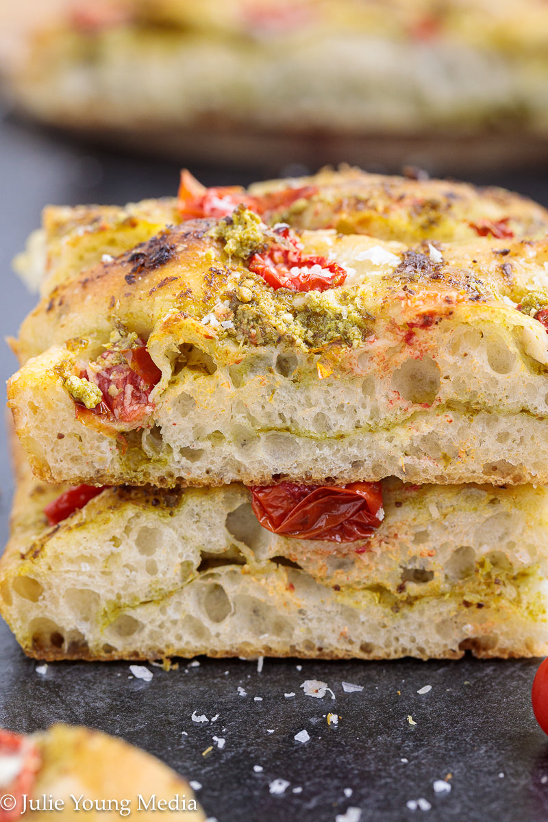 No Knead Focaccia Bread with Pesto and Cherry Tomatoes