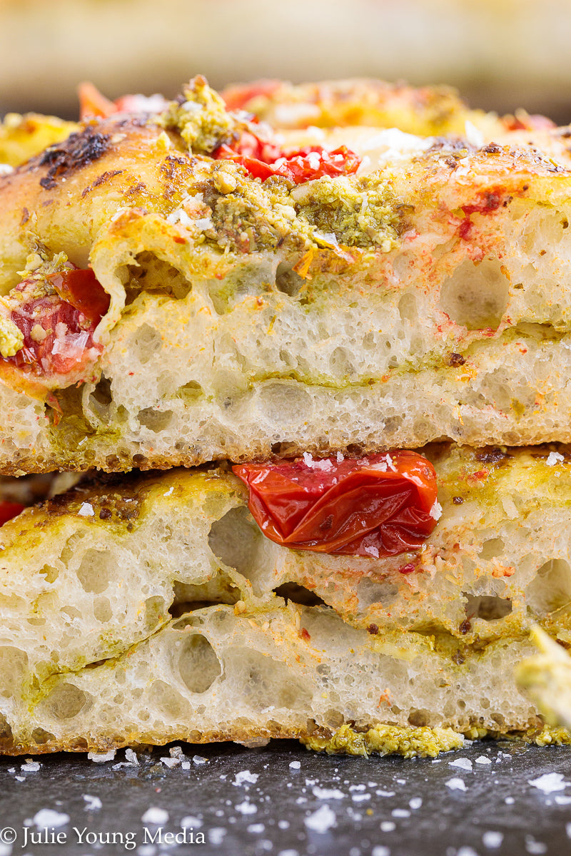 No Knead Focaccia Bread with Pesto and Cherry Tomatoes