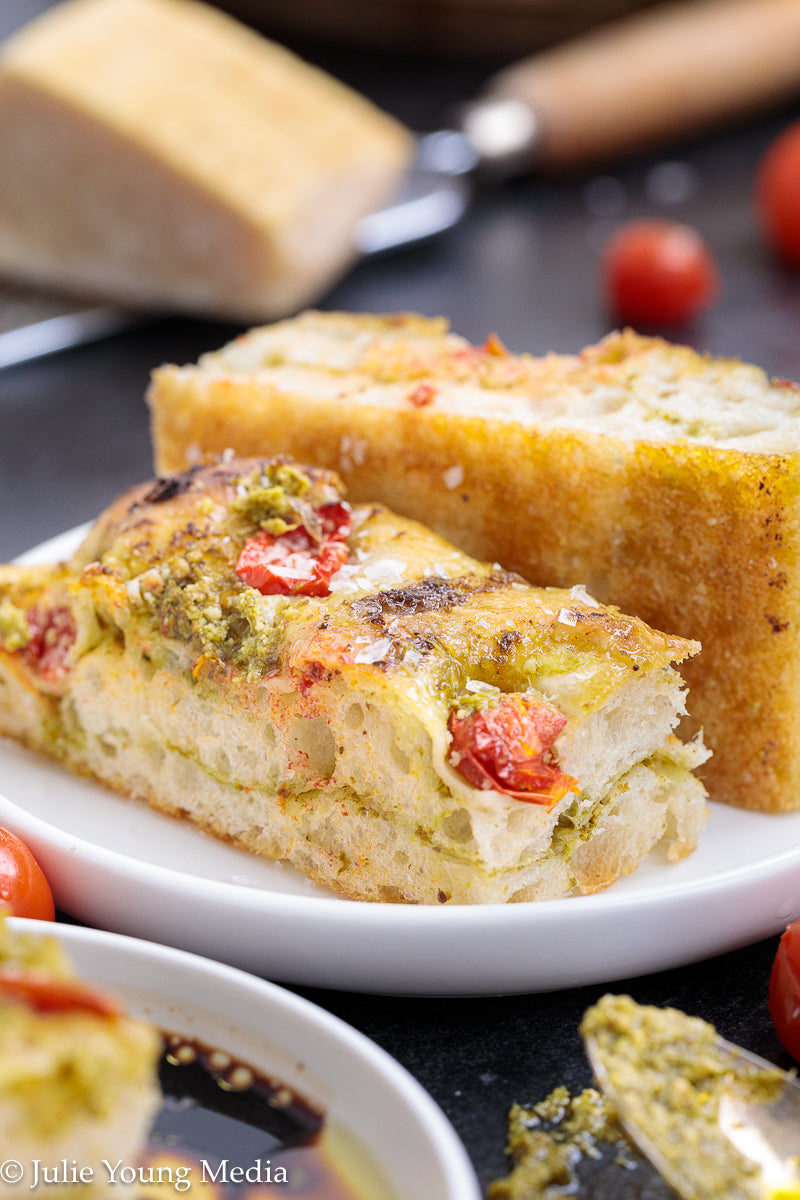 No Knead Focaccia Bread with Pesto and Cherry Tomatoes