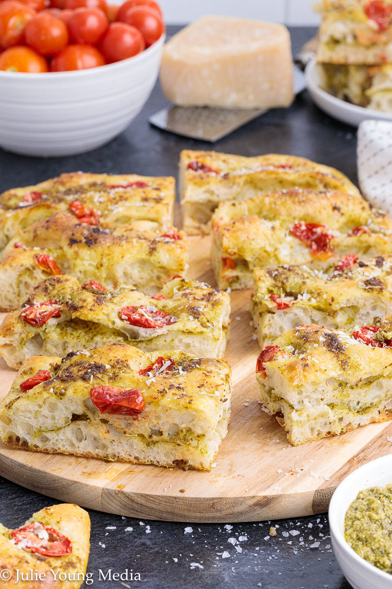 No Knead Focaccia Bread with Pesto and Cherry Tomatoes