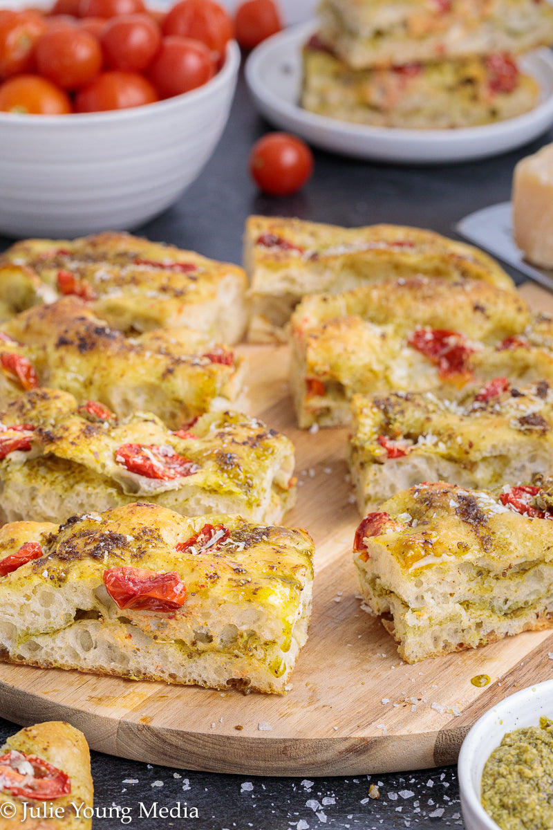 No Knead Focaccia Bread with Pesto and Cherry Tomatoes