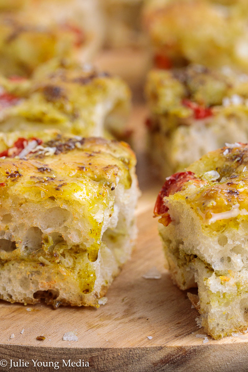 No Knead Focaccia Bread with Pesto and Cherry Tomatoes