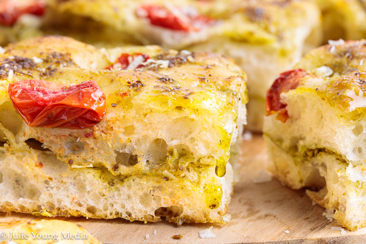 No Knead Focaccia Bread with Pesto and Cherry Tomatoes