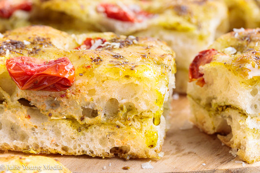 No Knead Focaccia Bread with Pesto and Cherry Tomatoes