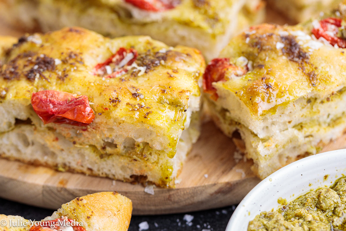 No Knead Focaccia Bread with Pesto and Cherry Tomatoes