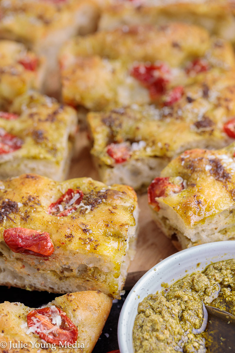 No Knead Focaccia Bread with Pesto and Cherry Tomatoes