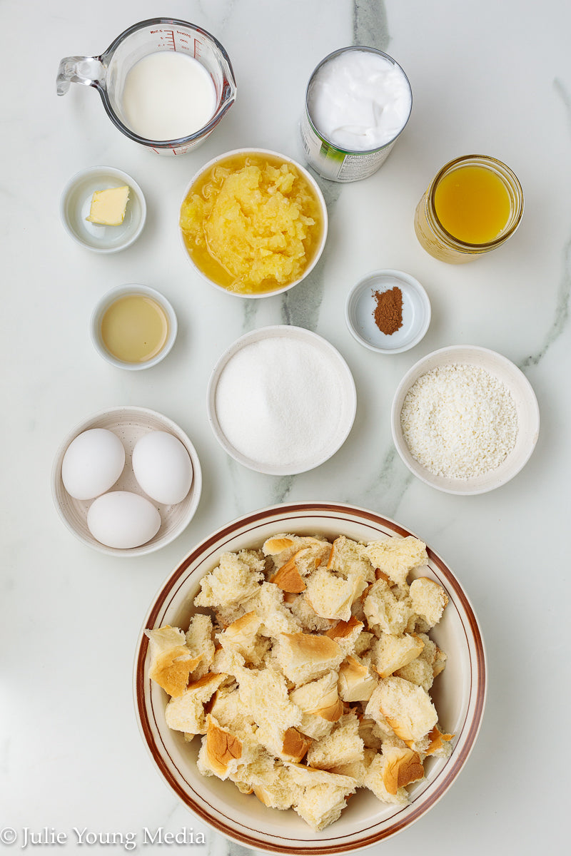 Pina Colada Bread Pudding + Coconut Rum Butter Sauce + Grilled Pineapple Spears