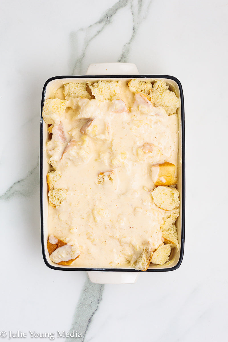 Pina Colada Bread Pudding + Coconut Rum Butter Sauce + Grilled Pineapple Spears