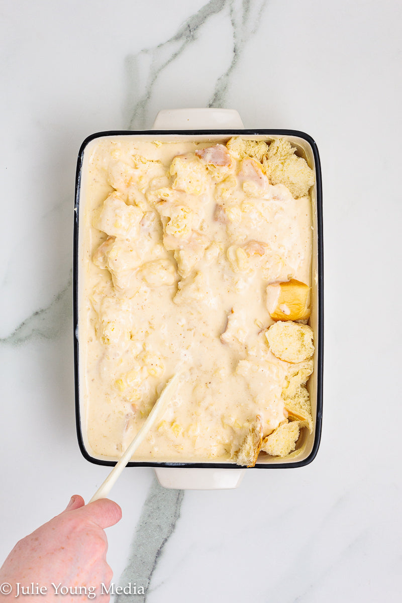 Pina Colada Bread Pudding + Coconut Rum Butter Sauce + Grilled Pineapple Spears