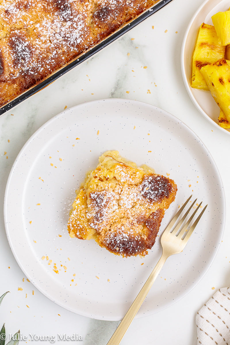 Pina Colada Bread Pudding + Coconut Rum Butter Sauce + Grilled Pineapple Spears