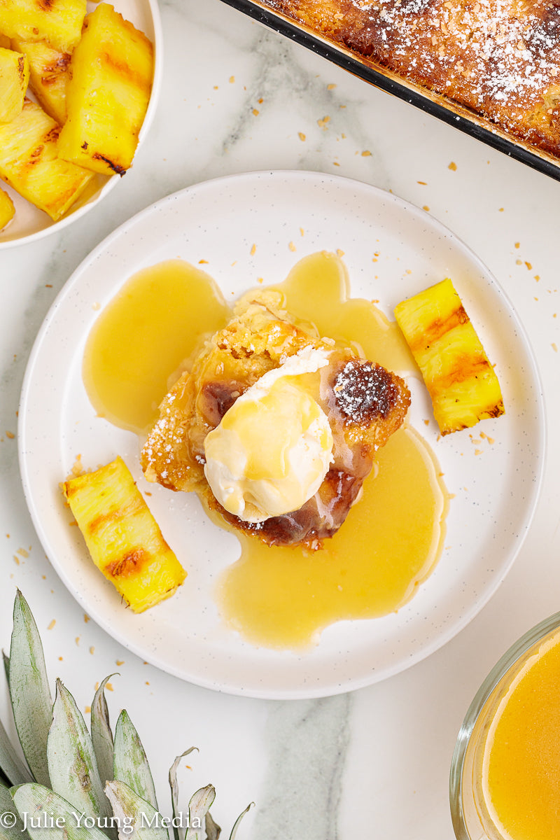 Pina Colada Bread Pudding + Coconut Rum Butter Sauce + Grilled Pineapple Spears