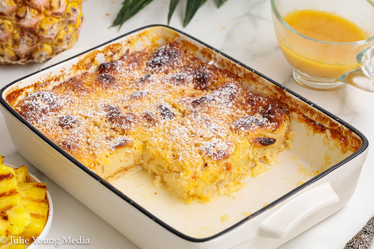 Pina Colada Bread Pudding + Coconut Rum Butter Sauce + Grilled Pineapple Spears