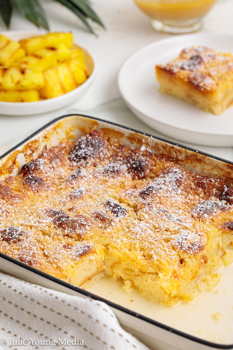 Pina Colada Bread Pudding + Coconut Rum Butter Sauce + Grilled Pineapple Spears