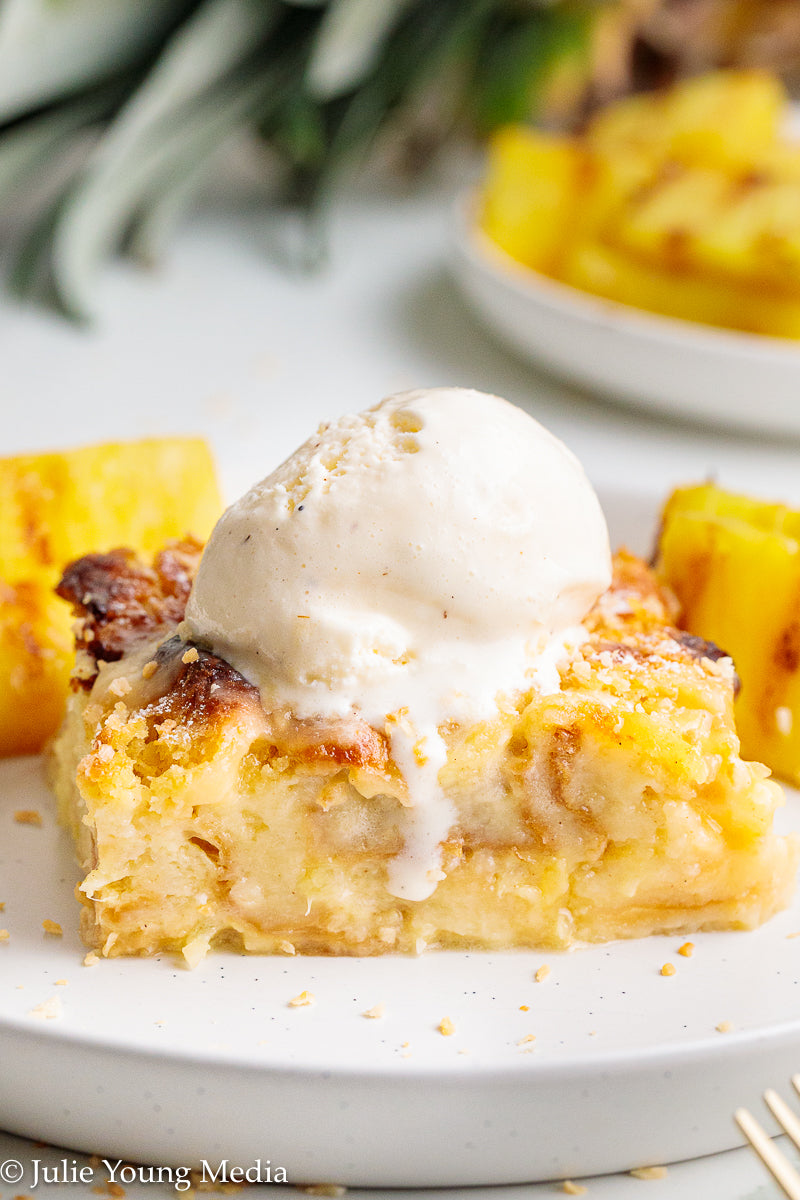 Pina Colada Bread Pudding + Coconut Rum Butter Sauce + Grilled Pineapple Spears